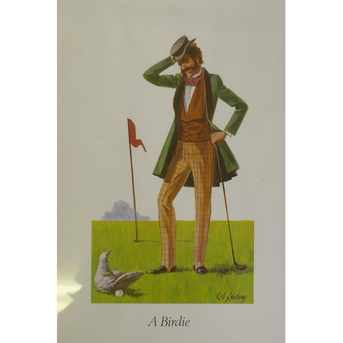 893 - After R.S. Lindsay, eight humorous golfing prints, framed, frame 30 x 38cm, four hunting prints in m... 