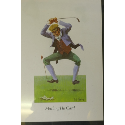 893 - After R.S. Lindsay, eight humorous golfing prints, framed, frame 30 x 38cm, four hunting prints in m... 