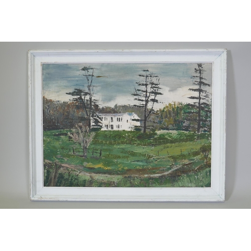 896 - Eric Kilner (C20th), country house, naive landscape, dated  (19)69, oil on board, 68 x 50cm