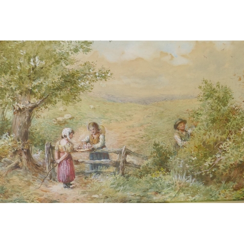 898 - Myles Birket Foster, landscape with children gathering berries, signed with a monogram, watercolour,... 