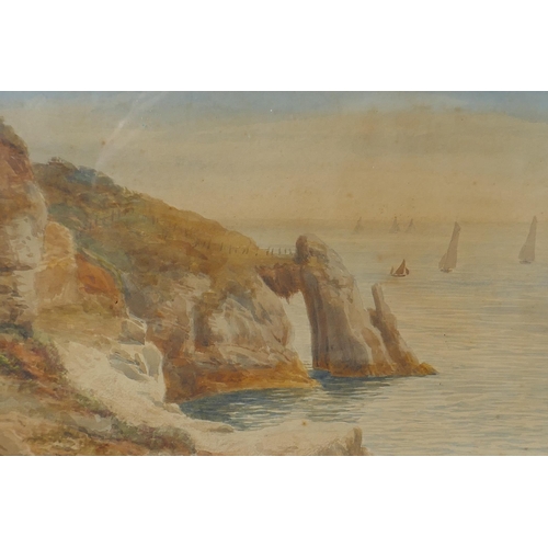 899 - Coastal scene, monogramed indistinctly, C19th watercolour, and a courtyard scene with figure and bla... 