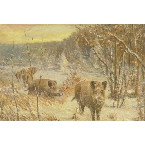 902 - Wilhelm Lorenz, winter landscape with wild boar, signed Willi Lorenz, oil on canvas, 61 x 50cm