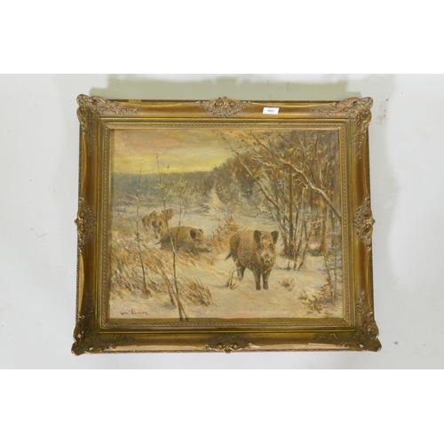 902 - Wilhelm Lorenz, winter landscape with wild boar, signed Willi Lorenz, oil on canvas, 61 x 50cm