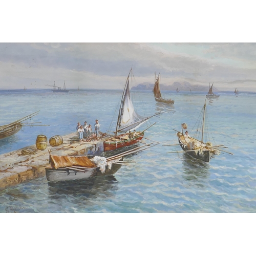 903 - G. Metini, Mediterranean scene with fishermen on the quay, signed, watercolour and gouache, 48 x 32c... 