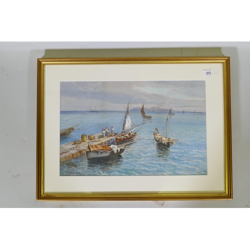 903 - G. Metini, Mediterranean scene with fishermen on the quay, signed, watercolour and gouache, 48 x 32c... 