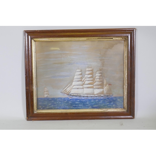 904 - Naive painting of a three masted clipper sailing ship, unsigned, watercolour on card, 70 x 55cm