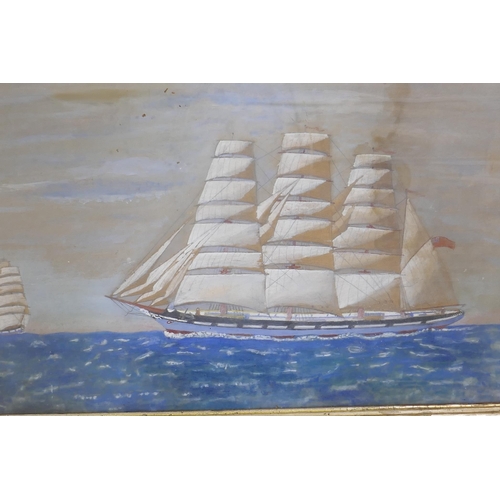 904 - Naive painting of a three masted clipper sailing ship, unsigned, watercolour on card, 70 x 55cm