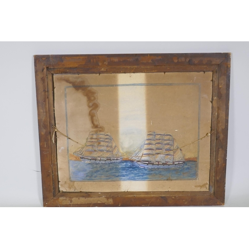 904 - Naive painting of a three masted clipper sailing ship, unsigned, watercolour on card, 70 x 55cm