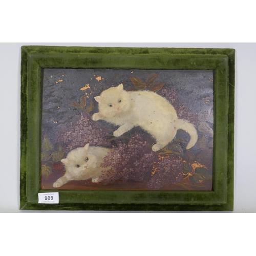 908 - Naive painting on glass, two kittens, in a velvet frame, labelled verso A. Cole, 1906