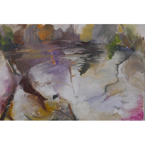 912 - Annabel Kapp, Lake: pink weir 2017, signed verso, oil on canvas, 61 x 51cm