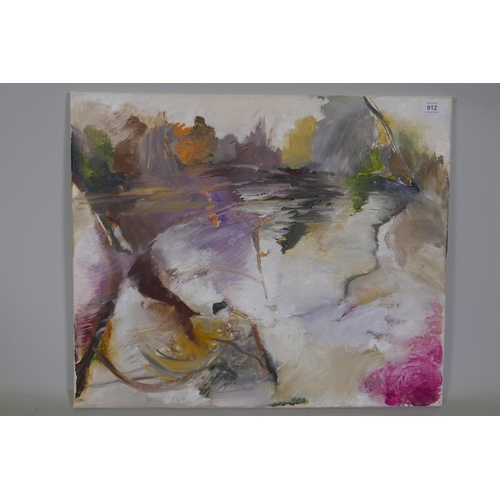 912 - Annabel Kapp, Lake: pink weir 2017, signed verso, oil on canvas, 61 x 51cm