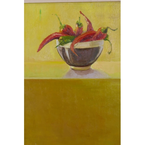 913 - Still life, bowl of chillies, signed Caryl, oil on canvas, 36 x 46cm