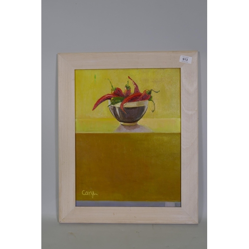 913 - Still life, bowl of chillies, signed Caryl, oil on canvas, 36 x 46cm