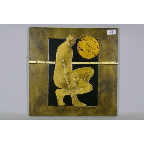 914 - Bev Houlding, abstract, figure, signed, raised/incised resin on panel with gilt highlights, 40 x 40c... 