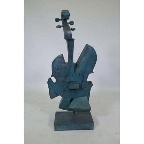 92 - A cubist style bronze cello with a verdigris patina, 97cm high