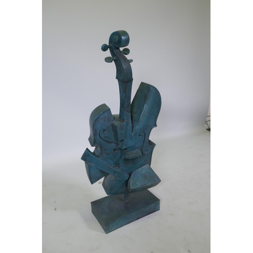 92 - A cubist style bronze cello with a verdigris patina, 97cm high