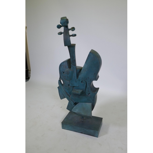 92 - A cubist style bronze cello with a verdigris patina, 97cm high