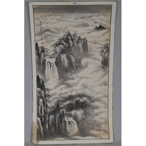 923 - Chinese print on paper laid on card, misty landscape with waterfalls, with inscription and seal mark... 