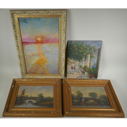 927 - A pair of Victorian rural landscapes, oils on millboard, an Italian lake scene signed V. Canin, oil ... 