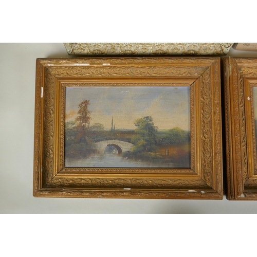 927 - A pair of Victorian rural landscapes, oils on millboard, an Italian lake scene signed V. Canin, oil ... 