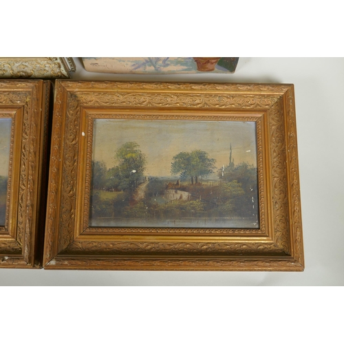 927 - A pair of Victorian rural landscapes, oils on millboard, an Italian lake scene signed V. Canin, oil ... 