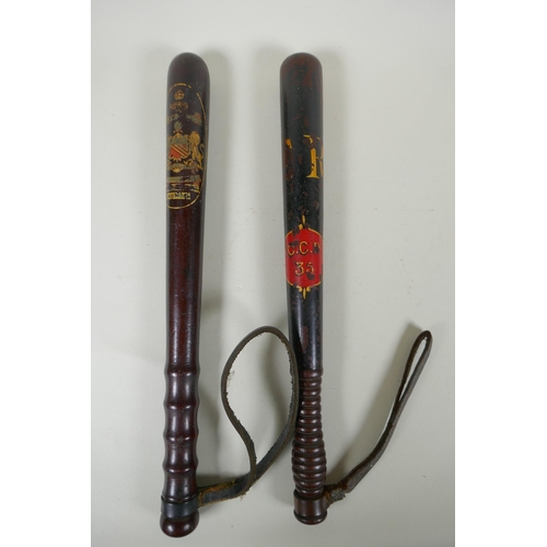 97 - An antique Manchester Special Constabulary turned wood police baton, dated 1916-1919, and another an... 