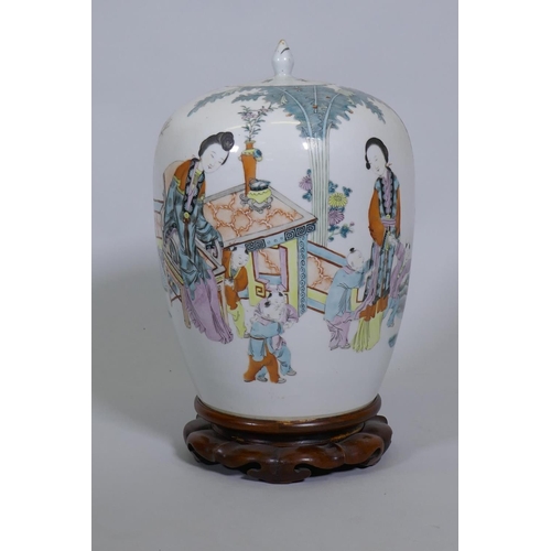 1 - A Chinese famille verte jar and cover, decorated with women and five boys in a garden, with inscript... 