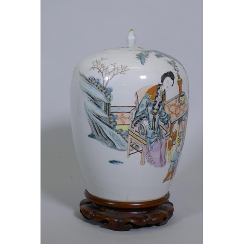 1 - A Chinese famille verte jar and cover, decorated with women and five boys in a garden, with inscript... 