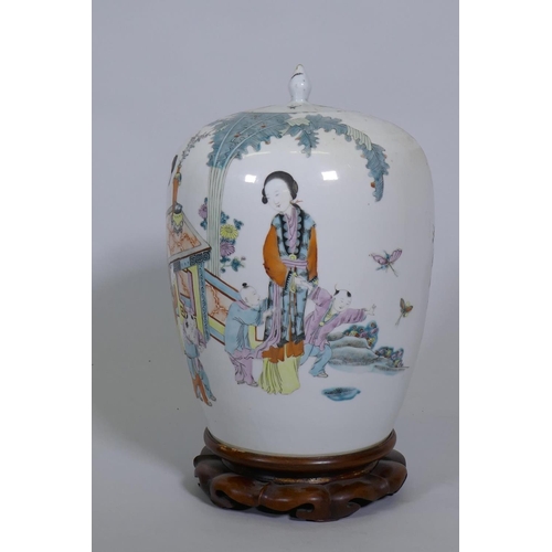 1 - A Chinese famille verte jar and cover, decorated with women and five boys in a garden, with inscript... 