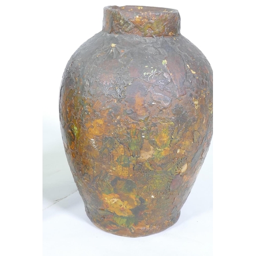 10 - A pair of C19th terracotta jars with decoupage scrapwork decoration, 30cm high