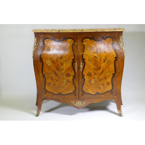 1001 - A C19th French marquetry inlaid bombe shaped two door cabinet with breccia marble top and ormolu mou... 