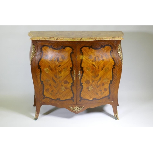 1001 - A C19th French marquetry inlaid bombe shaped two door cabinet with breccia marble top and ormolu mou... 