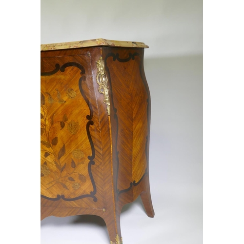 1001 - A C19th French marquetry inlaid bombe shaped two door cabinet with breccia marble top and ormolu mou... 