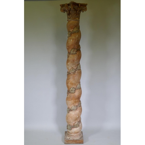 1004 - A C19th painted pine and scagliola architectural column with laurel leaf decoration, 223cm high