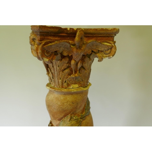 1004 - A C19th painted pine and scagliola architectural column with laurel leaf decoration, 223cm high