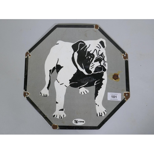 101 - A vintage style enamelled metal sign depicting a bulldog, 30cm diameter