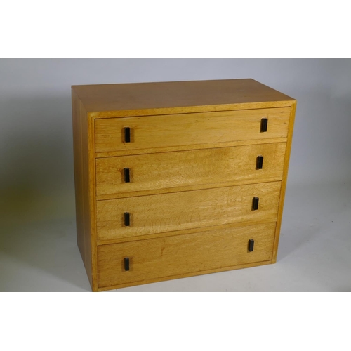 1019 - A mid-century oak chest of four long drawers, 92 x 43 x 83cm