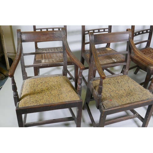 1024 - A pair of Regency mahogany bar back elbow chairs with reeded decoration and four similar standard ch... 