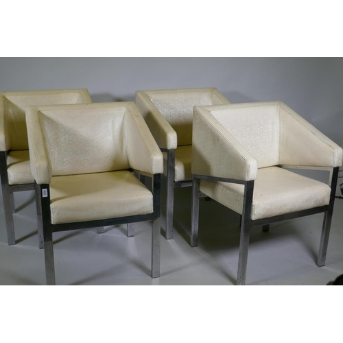 1027 - Four mid-century chromed metal framed arm chairs with vinyl covers