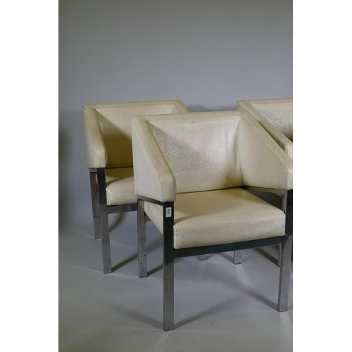 1027 - Four mid-century chromed metal framed arm chairs with vinyl covers