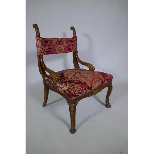 1038 - An C18th/C19th Italian carved walnut and parcel gilt side chair, raised on hoof feet