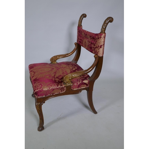 1038 - An C18th/C19th Italian carved walnut and parcel gilt side chair, raised on hoof feet