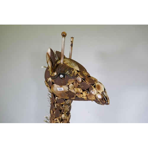 1054 - A metal garden sculpture of a giraffe, 154cm high