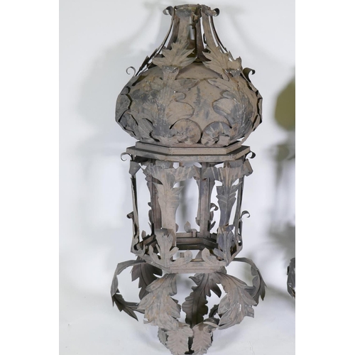 1056 - A large pair of metal lanterns, 118cm long