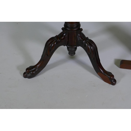 1066 - A Victorian mahogany torchere/jardiniere stand, raised on a fluted column with carved cabriole suppo... 