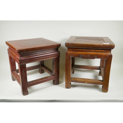 1074 - A Chinese elm occasional table and another similar hardwood occasional table, 34 x 34cm, 37cm high