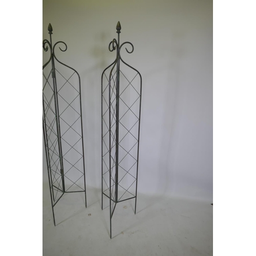 1080 - A pair of trifold metal garden trellis towers, 165cm high