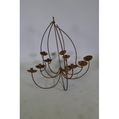 1097 - A wrought iron branch candle chandelier, 80cm drop, AF