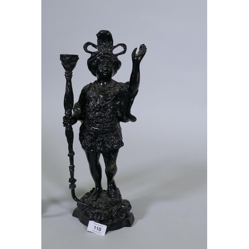 110 - A pair of painted brass figural candlesticks in the form of Moors bearing torches, 40cm high