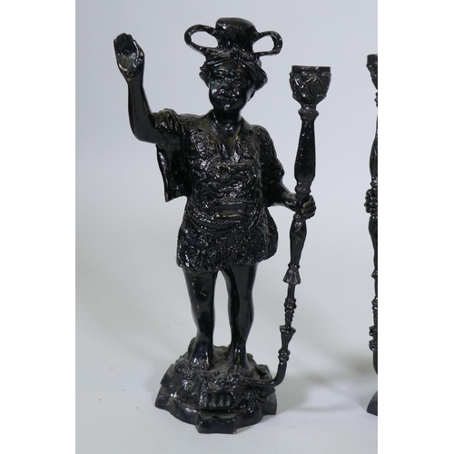 110 - A pair of painted brass figural candlesticks in the form of Moors bearing torches, 40cm high